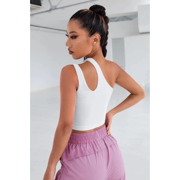 Kadın Beyaz Tek Omuz Cut Out Detaylı Crop Top Bluz