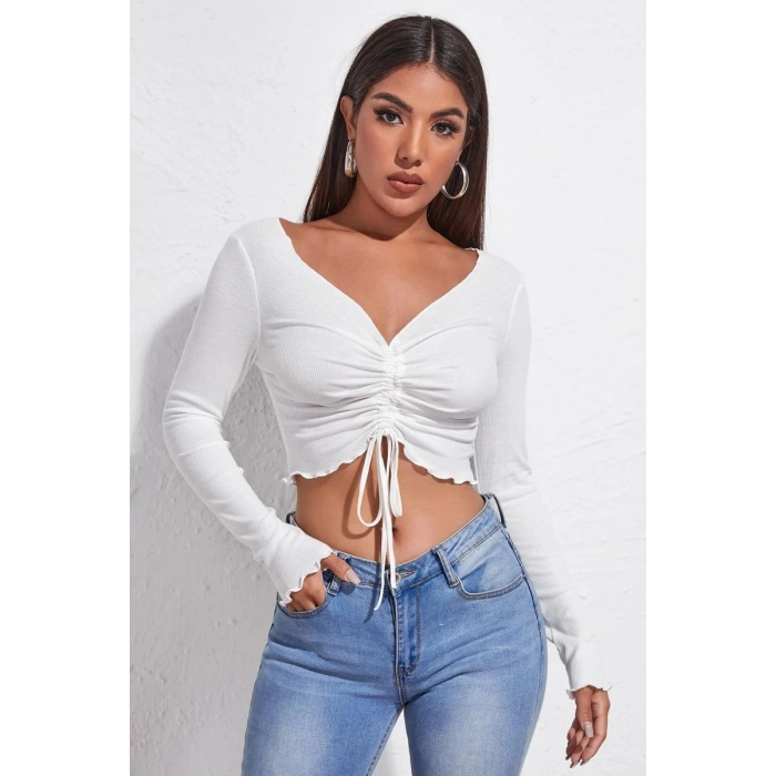 Kadın Beyaz Uzun Kol Drapeli Bağcık Detaylı Crop Top Bluz