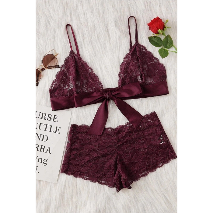 Kadın Bordo Dantelli & Kurdelalı Sütyen Külot Takımı