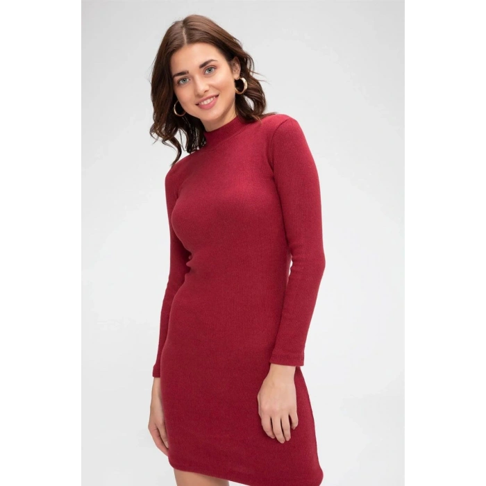 Kadın Bordo Kaşkorse Balıkçı Yaka Uzun Kollu Bodycon Mini Elbise Premium Şık Stil