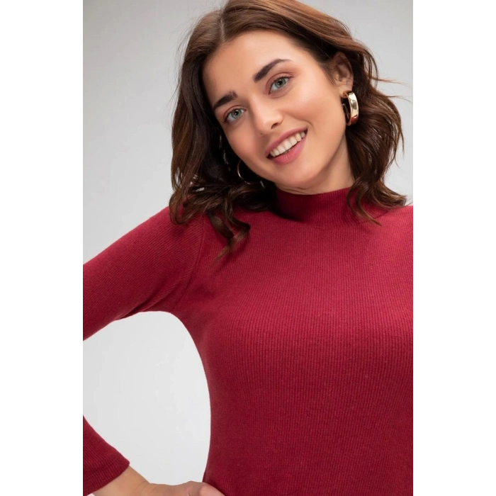 Kadın Bordo Kaşkorse Balıkçı Yaka Uzun Kollu Bodycon Mini Elbise Premium Şık Stil