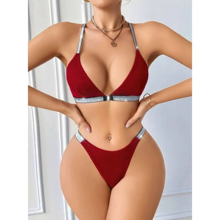 Kadın Bordo Love Yazılı Arkası Çarpraz Mayo Bikini 5169
