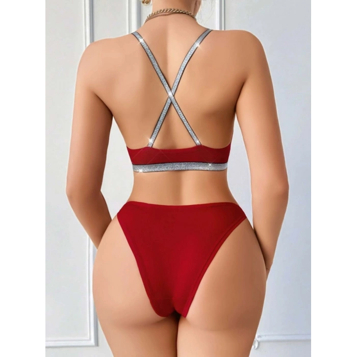 Kadın Bordo Love Yazılı Arkası Çarpraz Mayo Bikini 5169