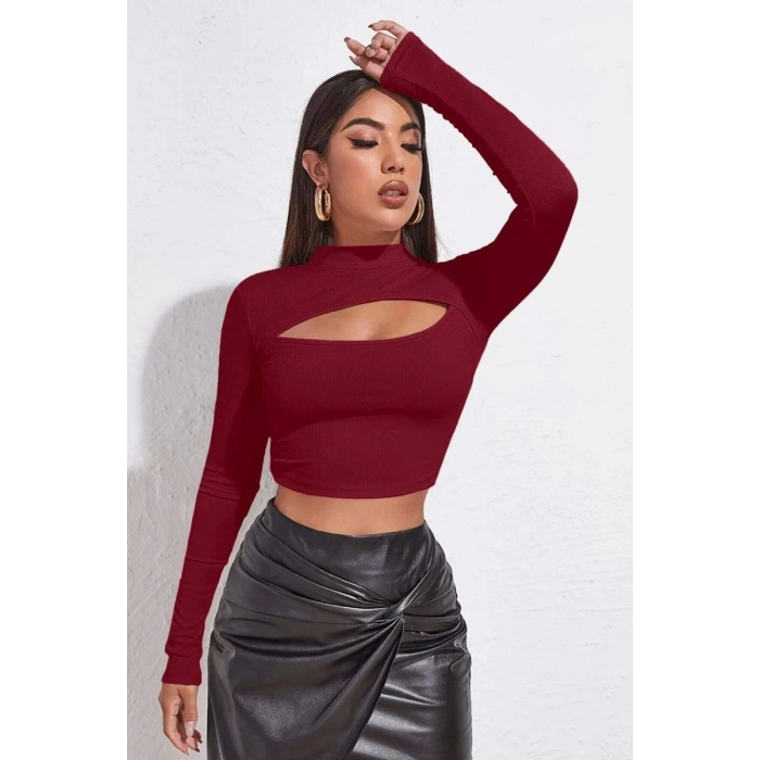 Kadın Bordo Modern Fit Göğüs Dekolteli Uzun Kollu Cut Out Crop Top Bluz