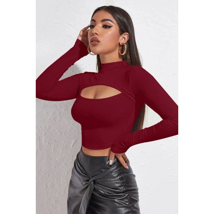 Kadın Bordo Modern Fit Göğüs Dekolteli Uzun Kollu Cut Out Crop Top Bluz