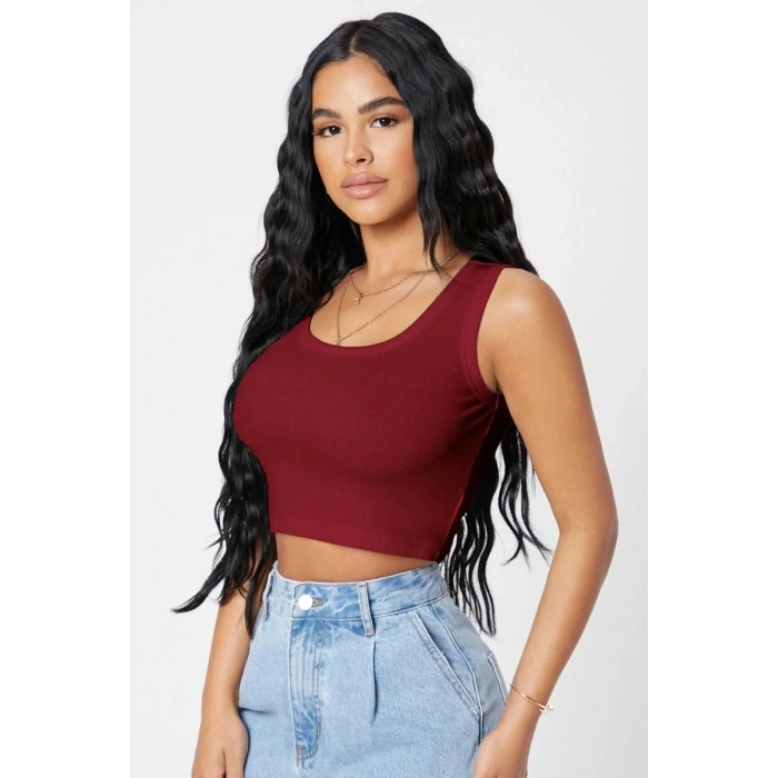 Kadın Bordo Modern Fit Kare Yaka Crop Top Bluz