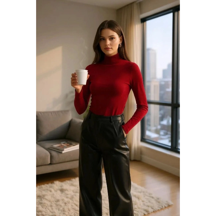 Kadın Bordo Parmak Geçmeli Uzun Kollu Body Esnek Fit Bluz