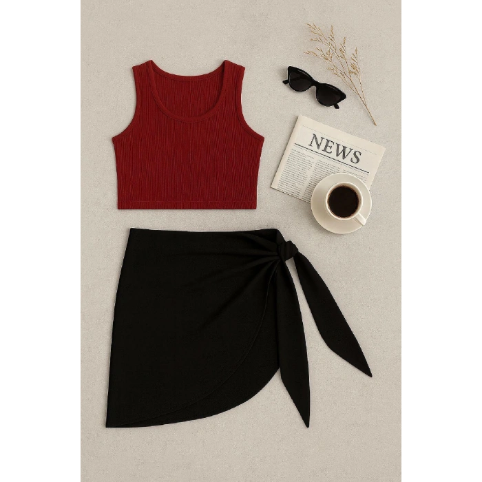 Kadın Bordo Yuvarlak Yaka Crop Ve Siyah Pareo 2li Set
