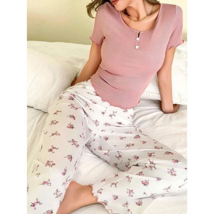 Kadın Çiçekli Desen Yumuşak Pamuklu Uzun Pijama Takımı 5131