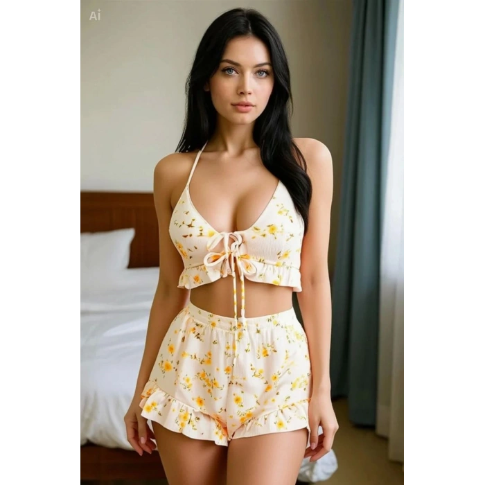 Kadın Ekru Çiçek Desenli Askılı Şortlu Pijama Takımı Rahat Şık 2’li Set
