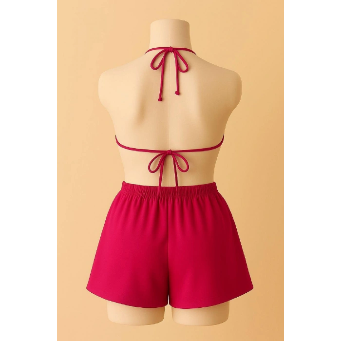 Kadın Fuşya Şortlu Belden Ve Boyundan Bağlamalı Bikini Takımı