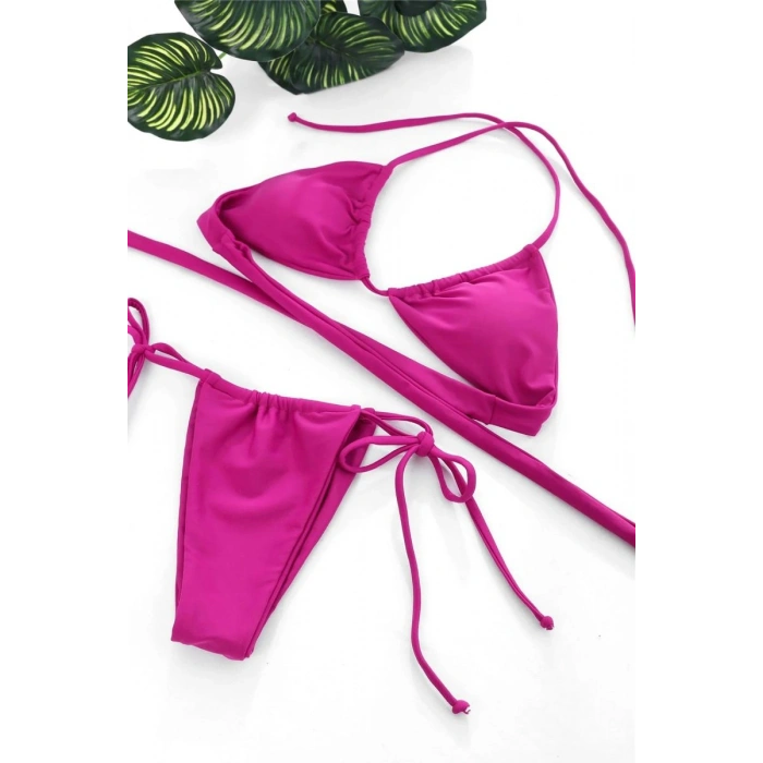 Kadın Fuşya Üçgen Bikini Takımı Yandan Bağlamalı Tangalı Canlı Renk Şık Mayo Seti
