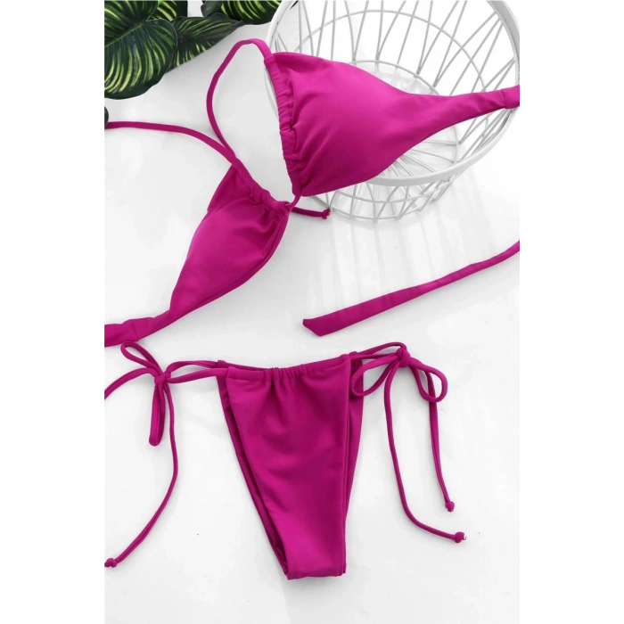 Kadın Fuşya Üçgen Bikini Takımı Yandan Bağlamalı Tangalı Canlı Renk Şık Mayo Seti