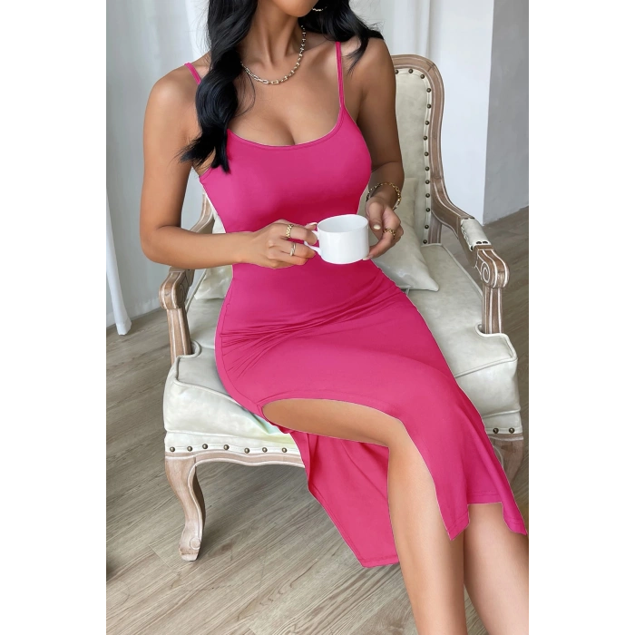 Kadın Fuşya Yırtmaçlı Diz Altı Vücüdu Saran Gecelik