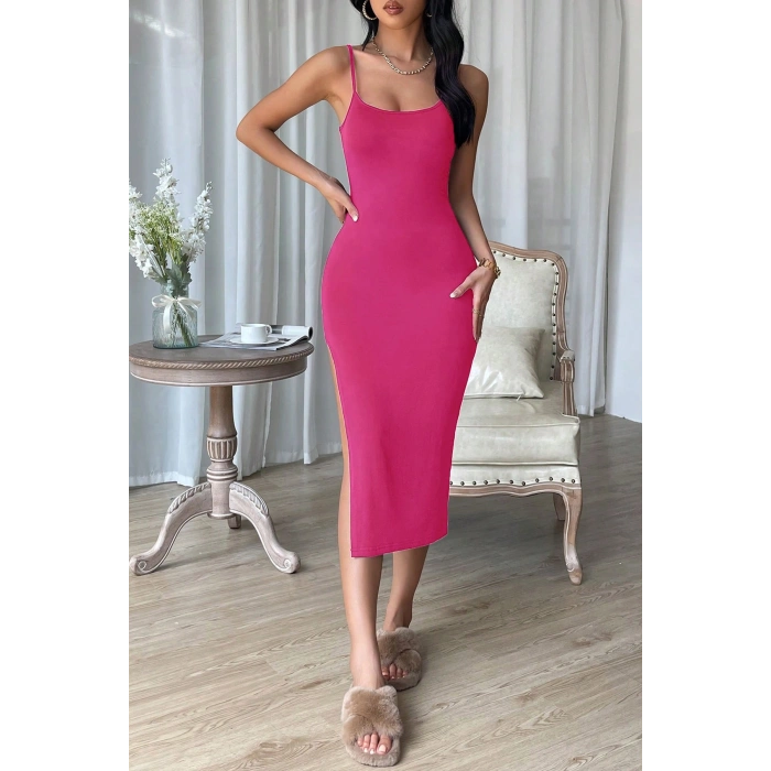 Kadın Fuşya Yırtmaçlı Diz Altı Vücüdu Saran Gecelik