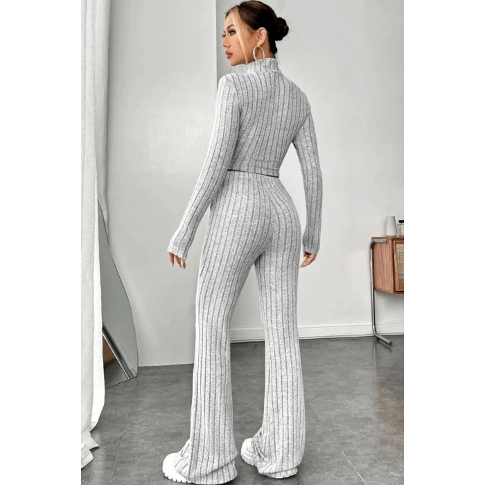 Kadın Gri Çizgili Boğazlı Crop Top Yüksek Bel Pantolon Takım Şık 2’li Set