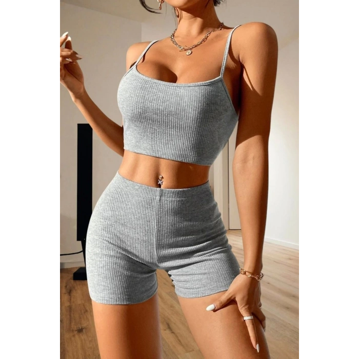 Kadın Gri Kaşkorse Şortlu Crop Atlet Takım Esnek Kumaş Yüksek Bel