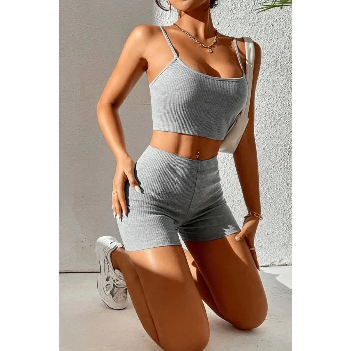 Kadın Gri Kaşkorse Şortlu Crop Atlet Takım Esnek Kumaş Yüksek Bel