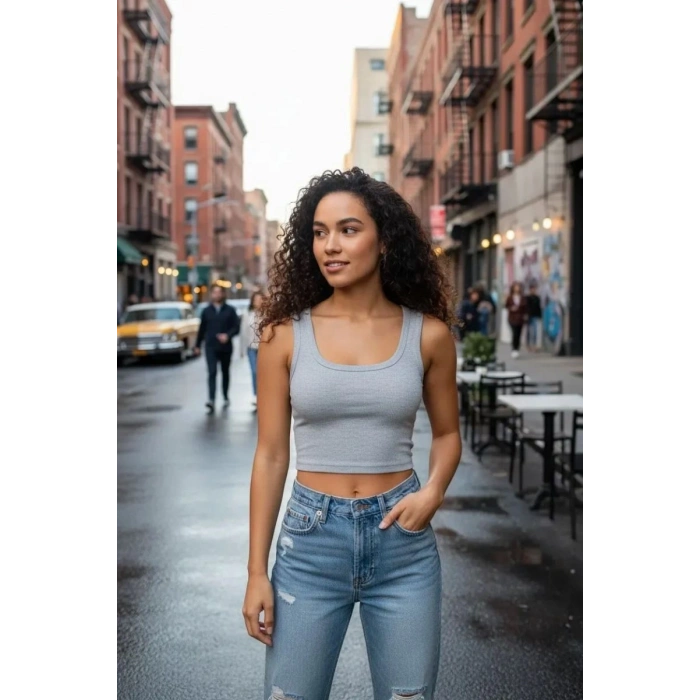 Kadın Gri Modern Fit Kare Yaka Crop Top Bluz