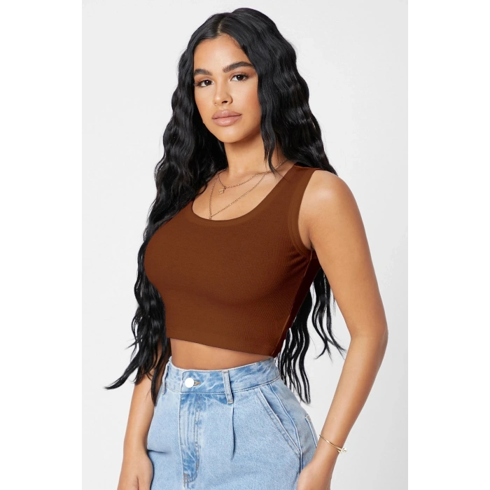 Kadın Kahverengi Kare Yaka Crop Top Bluz