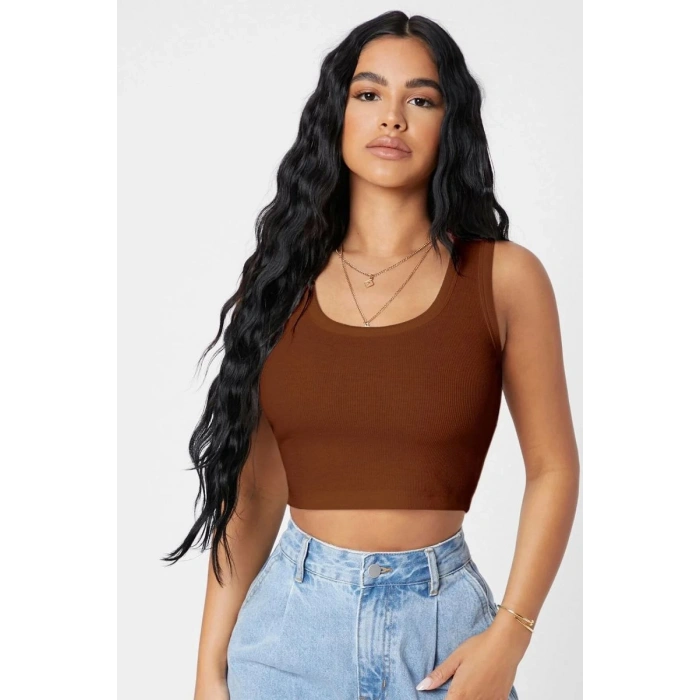 Kadın Kahverengi Modern Fit Kare Yaka Crop Top Bluz
