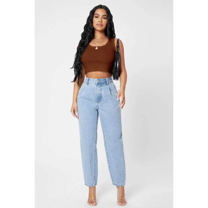 Kadın Kahverengi Modern Fit Kare Yaka Crop Top Bluz