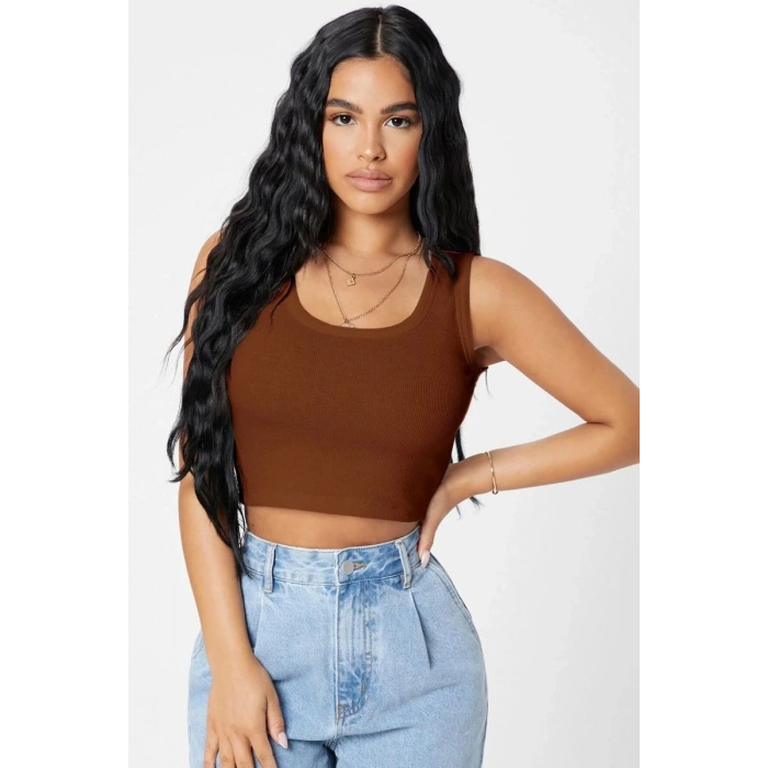 Kadın Kahverengi Modern Fit Kare Yaka Crop Top Bluz