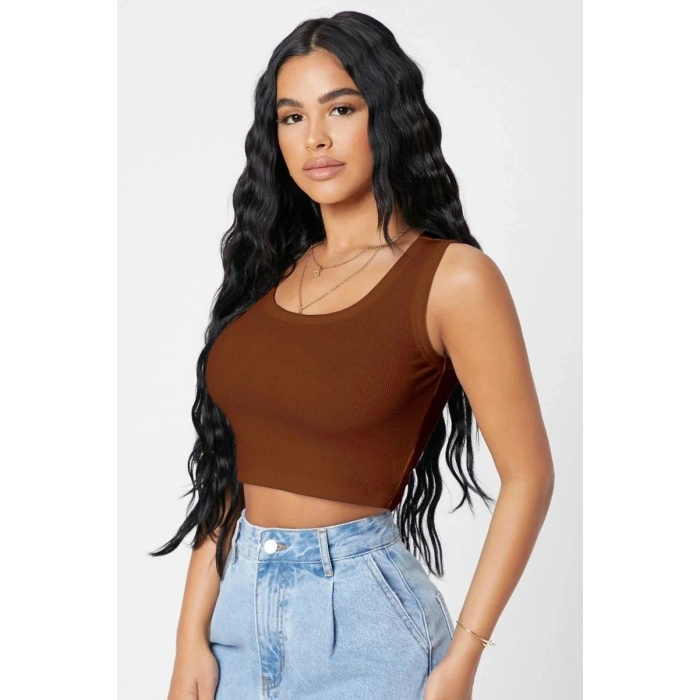 Kadın Kahverengi Modern Fit Kare Yaka Crop Top Bluz
