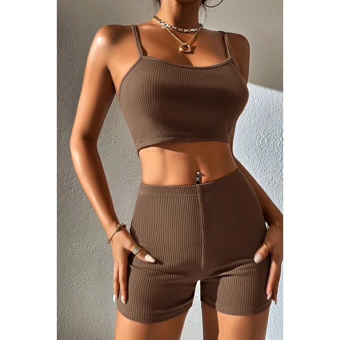 Kadın Kahverengi Şortlu Kaşkorse Gecelik Takım