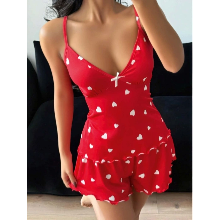 Kadın Kalp Desenli Şortlu Pijama Takımı Rahat Ve Şık Ev Giyim Seti