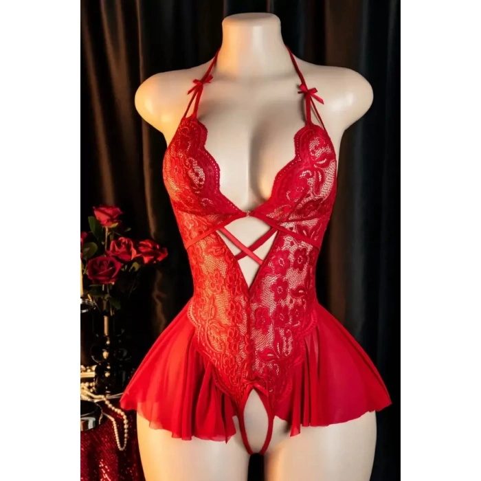 Kadın Kırmızı Dantel Ve Tül Detaylı Derin V Yaka Teddy Gecelik