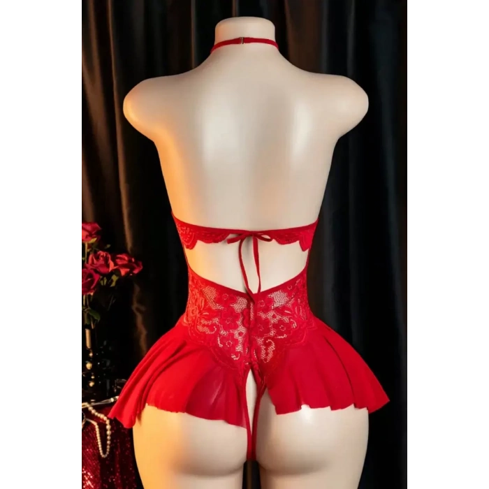 Kadın Kırmızı Dantel Ve Tül Detaylı Derin V Yaka Teddy Gecelik