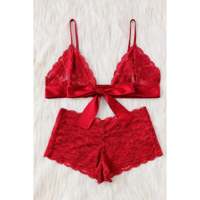 Kadın Kırmızı Dantelli & Kurdelalı Sütyen Külot Takımı