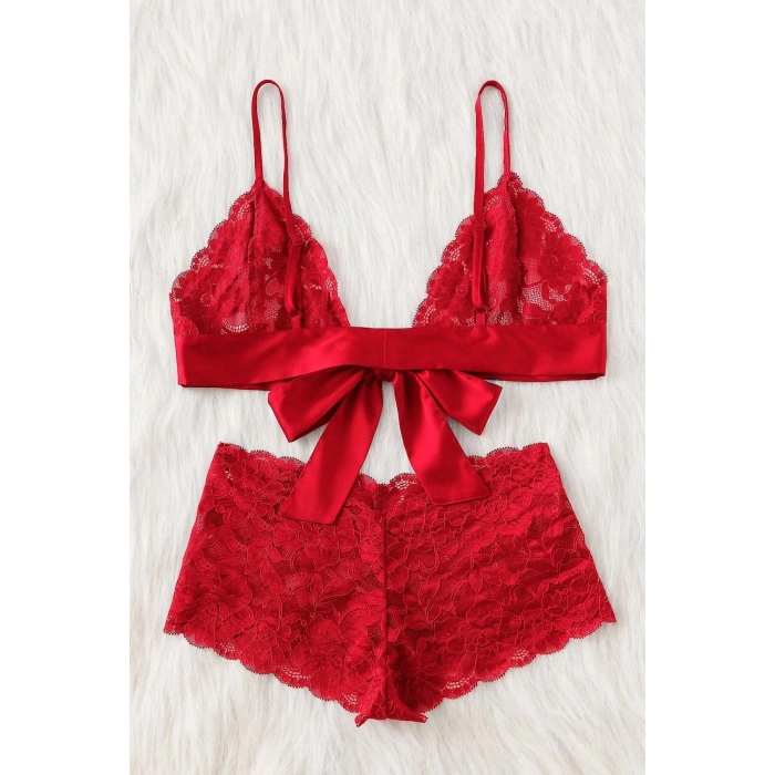Kadın Kırmızı Dantelli & Kurdelalı Sütyen Külot Takımı