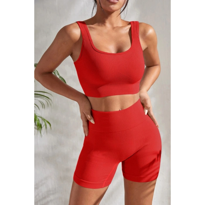 Kadın Kırmızı Kalın Askılı Yüksek Bel Şortlu Gecelik Takımı