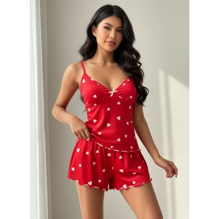 Kadın Kırmızı Kalp Desenli Şortlu Pijama Takımı Sevimli Rahat 2’li Set