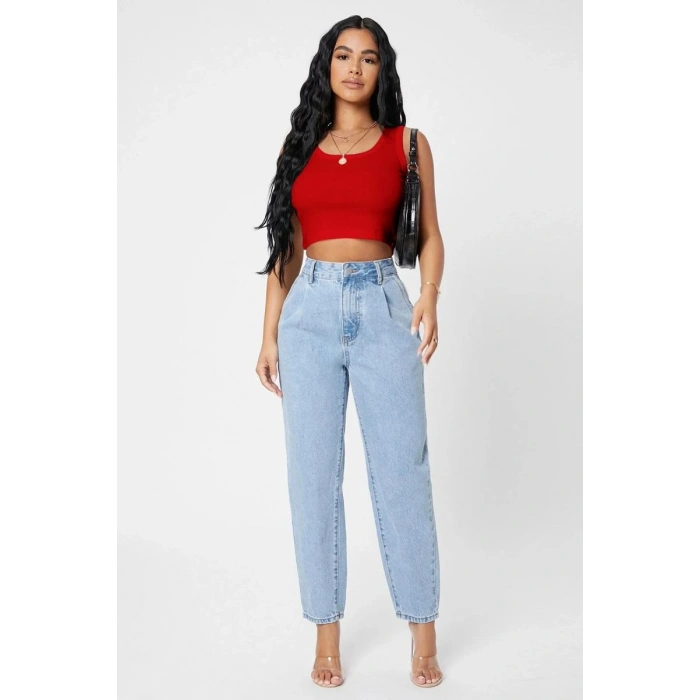 Kadın Kırmızı Modern Fit Kare Yaka Crop Top Bluz