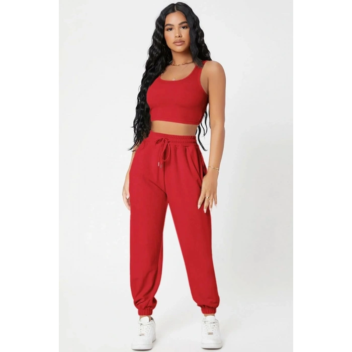 Kadın Kırmızı Premium Görünümlü Kaşkorse Cepli Jogger Eşofman Altı Ve Crop Top Bluz Takımı