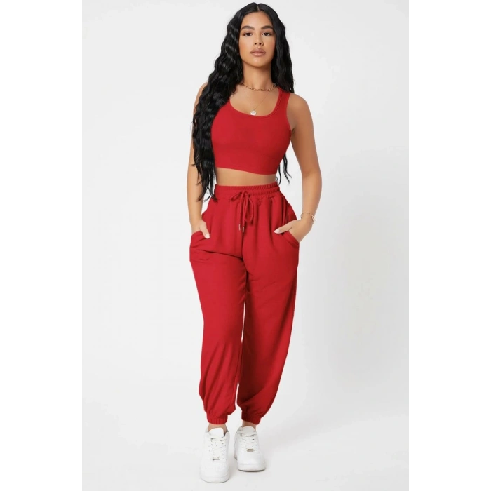 Kadın Kırmızı Premium Görünümlü Kaşkorse Cepli Jogger Eşofman Altı Ve Crop Top Bluz Takımı