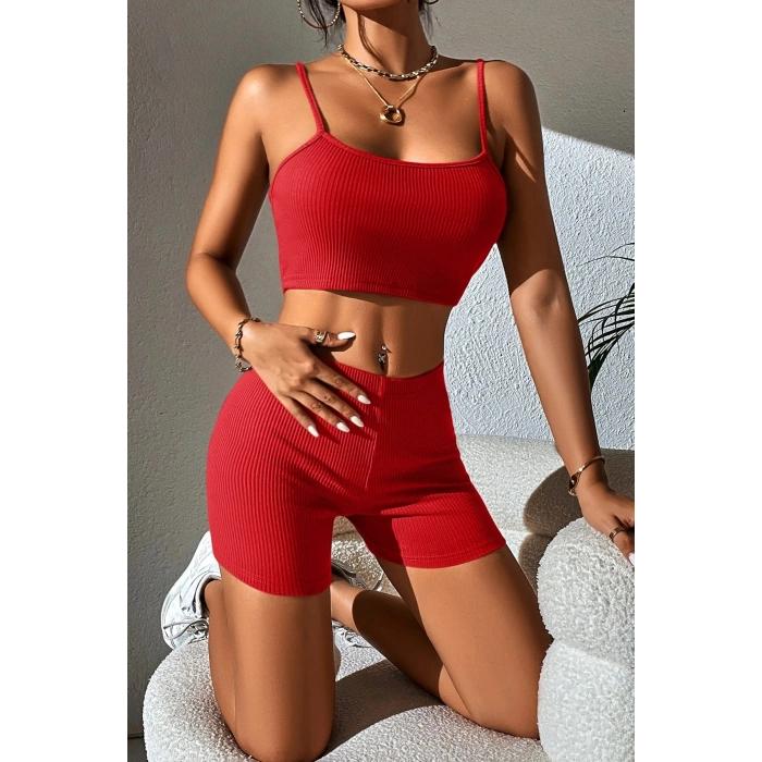 Kadın Kırmızı Şortlu Kaşkorse Gecelik Takım