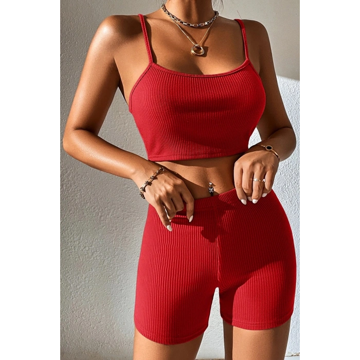 Kadın Kırmızı Şortlu Kaşkorse Gecelik Takım