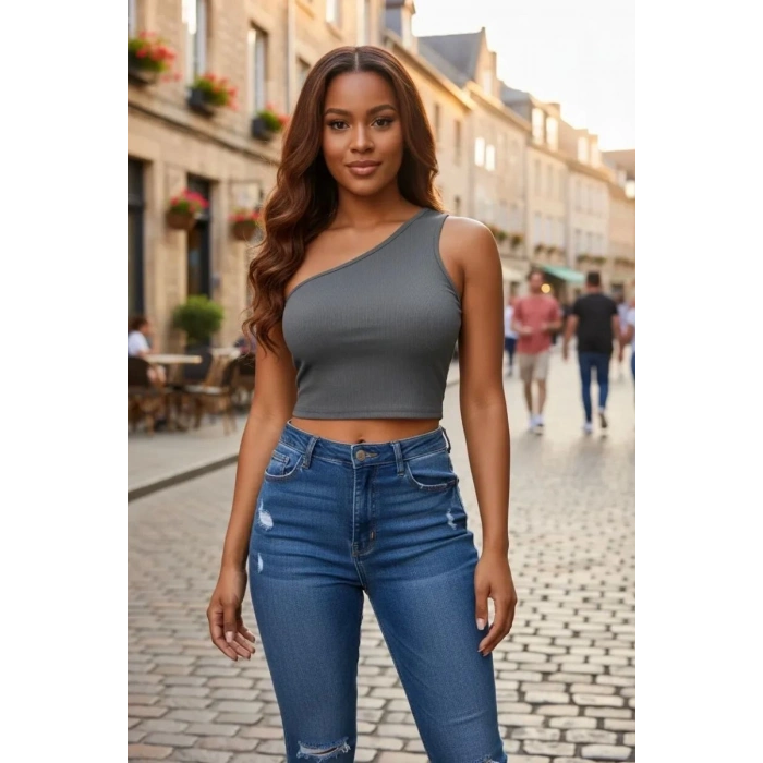 Kadın Koyu Gri Fit Görünümlü Tek Omuz Crop Top Büstiyer