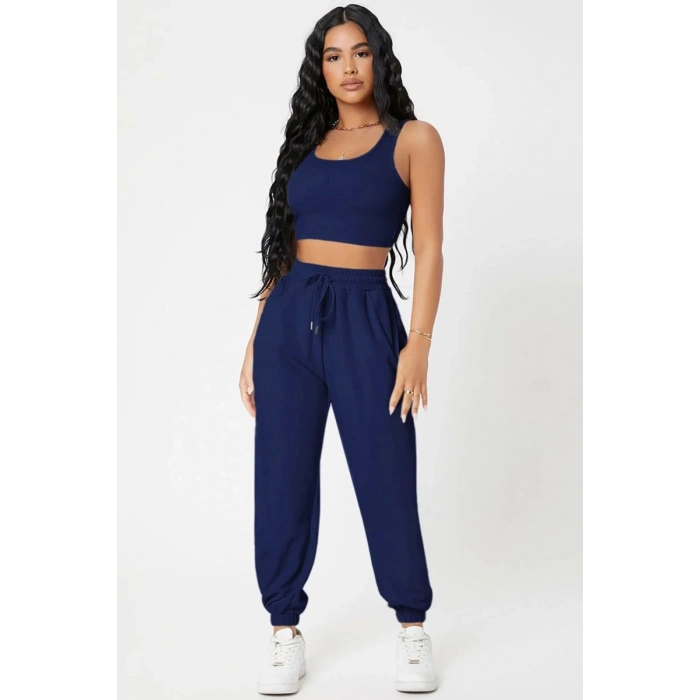 Kadın Laciver Premium Görünümlü Kaşkorse Cepli Jogger Eşofman Altı Ve Crop Top Bluz Takımı