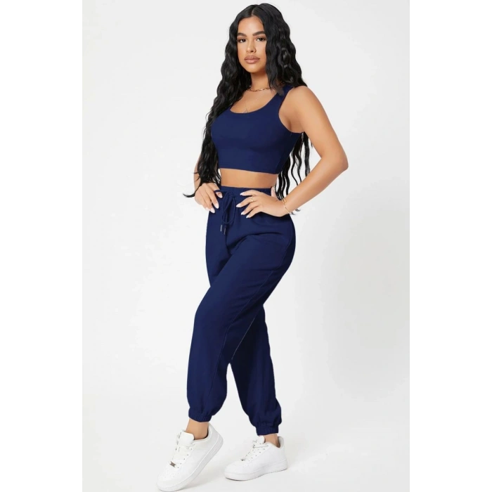 Kadın Laciver Premium Görünümlü Kaşkorse Cepli Jogger Eşofman Altı Ve Crop Top Bluz Takımı