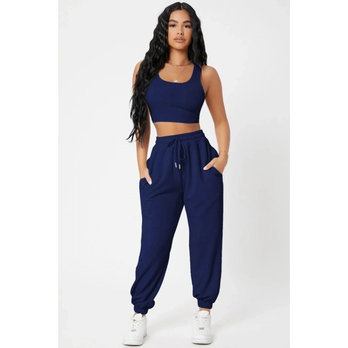 Kadın Laciver Premium Görünümlü Kaşkorse Cepli Jogger Eşofman Altı Ve Crop Top Bluz Takımı