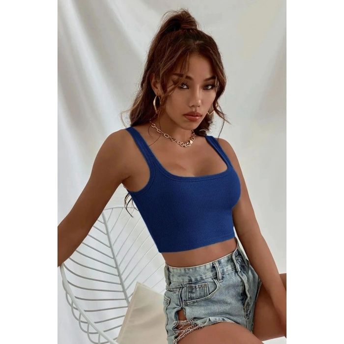 Kadın Lacivert Kalın Askılı Crop Top Büstiyer Esnek Kumaş Şık Basic Kadın Üst Giyim