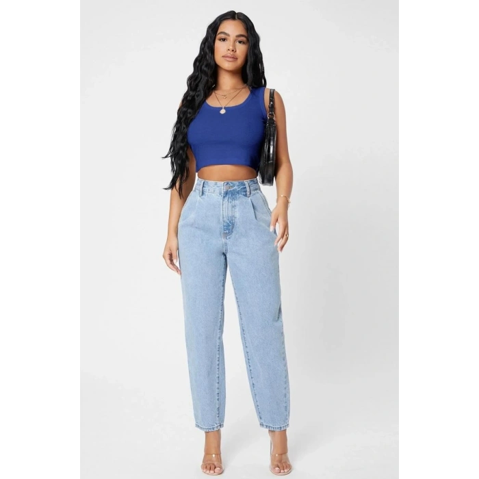 Kadın Lacivert Modern Fit Kare Yaka Crop Top Bluz