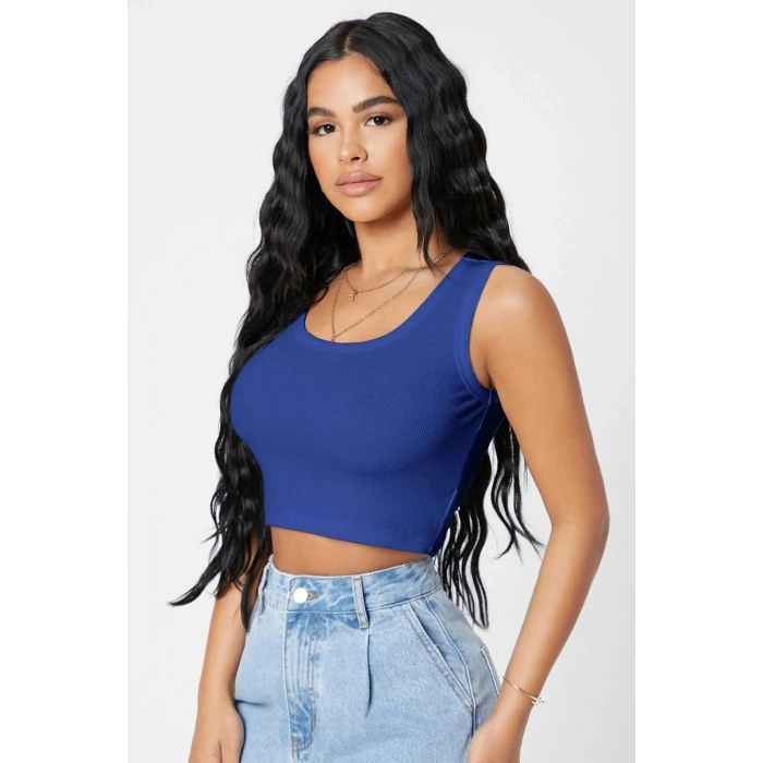 Kadın Lacivert Modern Fit Kare Yaka Crop Top Bluz