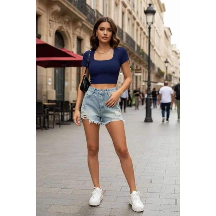 Kadın Lacivert Şık Kesim Yarım Kol Crop Bluz