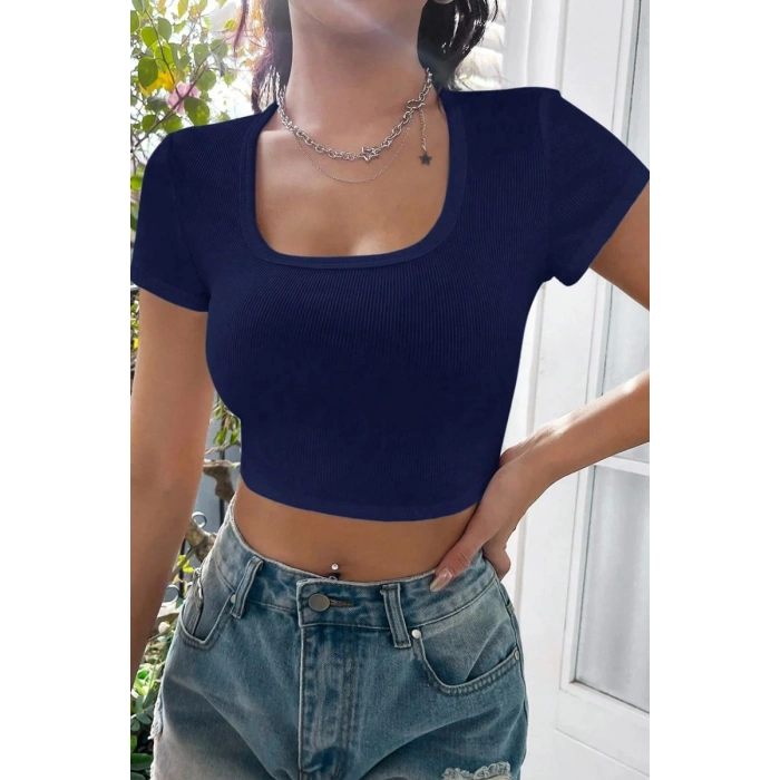 Kadın Lacivert Şık Kesim Yarım Kol Crop Bluz